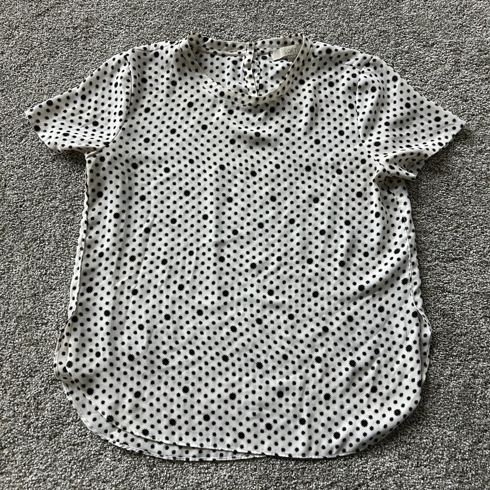 LOFT Blouse Womens M White Polka Dot Crew Neck Short Sleeve Woven Top Casual